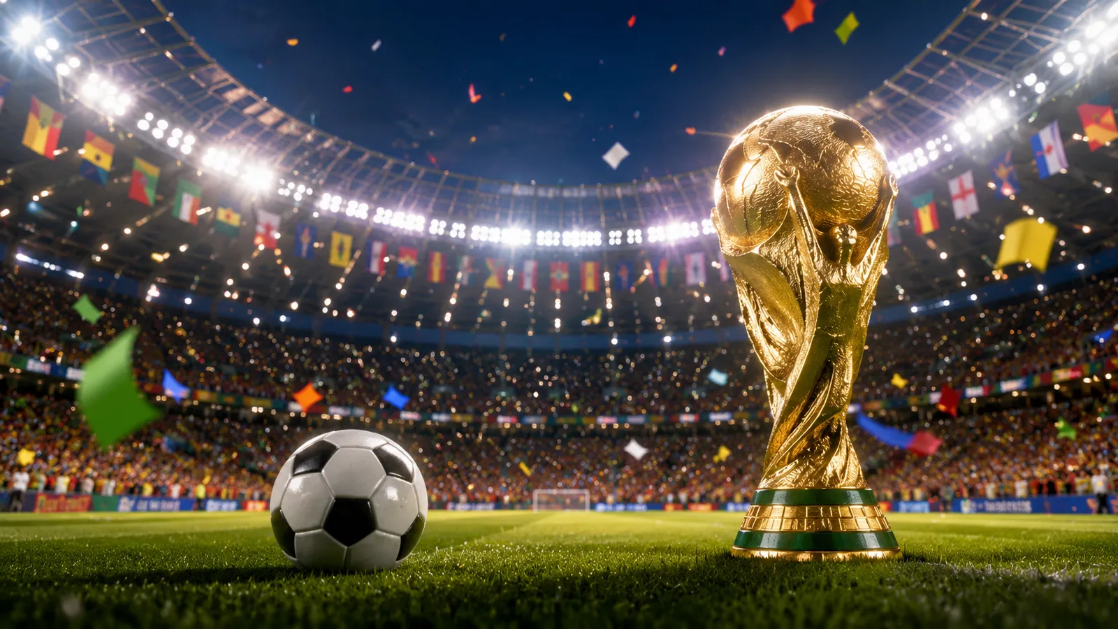 2026 북중미 월드컵 8강 대진표를 나타내는 축구 경기장과 트로피 이미지